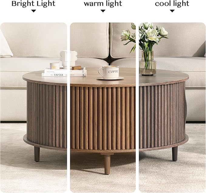 JOINICE 31.5" Round Coffee Table with Storage for Living Room, Walnut | Hidden Storage,Fluted Sliding Door,Mid Century Furniture for Small Apartments,Solid Wood Legs,Easy Assembly,Up to 110 lbs