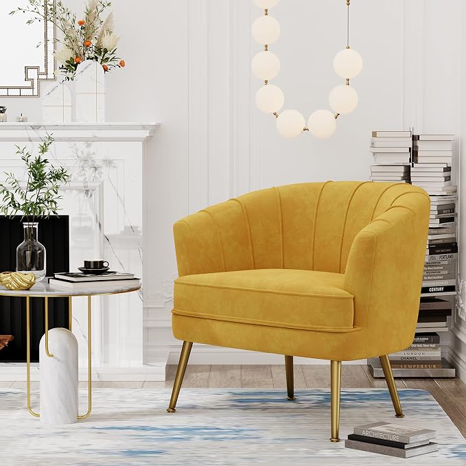 Andeworld Velvet Accent Chair, Upholstered Modern Single Sofa Side Chair,Comfy Barrel Club Living Room Armchair with Golden Metal Legs for Bedroom Living Reading Room Office, Yellow