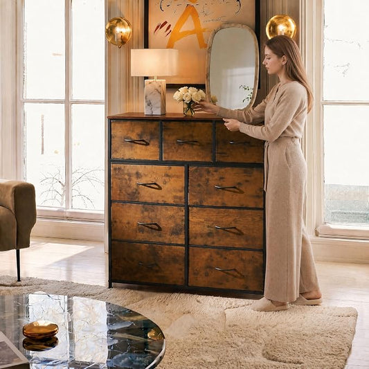WLIVE 9-Drawer Dresser, Fabric Storage Tower for Bedroom, Hallway, Entryway, Closet, Tall Chest Organizer Unit with Fabric Bins, Steel Frame, Wood Top, Easy Pull Handle, Rustic Brown Wood Grain Print