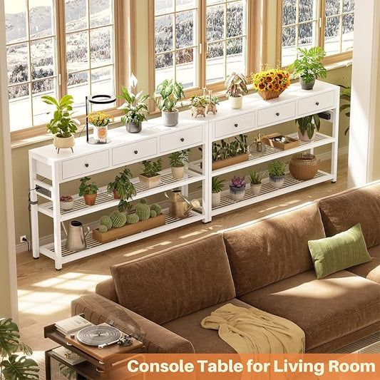 Ecoprsio 47'' Entryway Table with Outlets and USB Ports, Console Table with 3 Drawers, Sofa Table Narrow Long with Storage Shelves for Living Room, Couch, Hallway, Foyer, Kitchen Counter, White