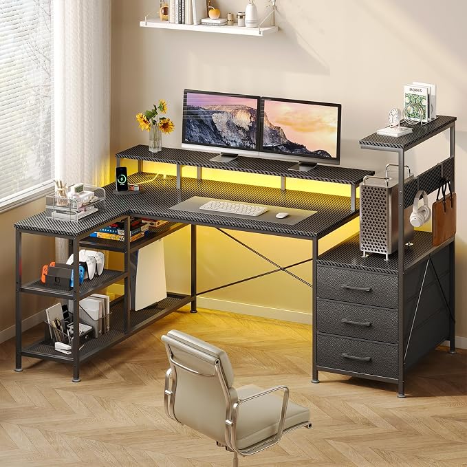 YOMILUVE L Shaped Gaming Desk with Drawers & Storage Shelves, Corner Gaming Desk with Power Outlets & LED Light, Reversible Computer Desk with Monitor Stand & Hooks, Carbon Fiber Black