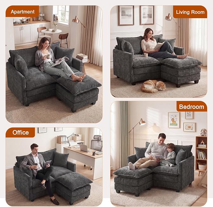 50'' L-Shape Loveseat Sofa with 22" Ottoman, 2 Seat Modern Cloud Couch with 2 Washable Pillows for Small Space Apartment Office Living Room Bedroom, Grey
