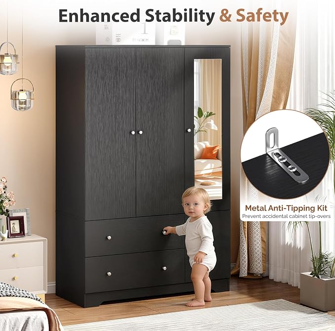 VINGLI Armoire Wardrobe Closet with Doors and Mirror,47" W Wardrobe Cabinet Wooden with Hanging Rod & Shelves Inside, 4 Door Bedroom Armoires with Drawers, Black Freestanding Armoire for Bedroom