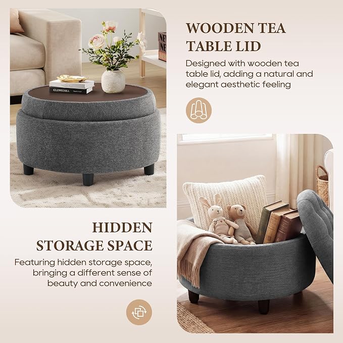 COLAMY Round Hidden Storage Ottoman with Reversible Tray Lid – Multi-Functional Footrest, Sturdy & Stylish Fabric Coffee Table for Living Room, Bedroom, or Entryway, Dark Grey