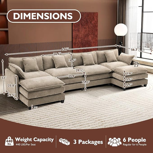 Ihanherry 146" U-Shaped Modern Sofa Modular Sectional Luxurious and Comfortable with 2 Ottoman, 6-Seat Chenille Deep Seat Sofa with 6 Pillows for Living Room, Bedroom and Apartment, Sand