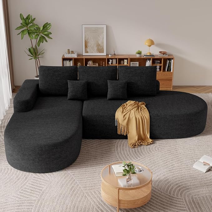 112" Modern Curved Cloud Couch, Chenille Boneless Couches for Living Room with Deep Seat, Memory Foam Compressed Modular Sectional Sofa, No Assembly Required,Black 1 PCS