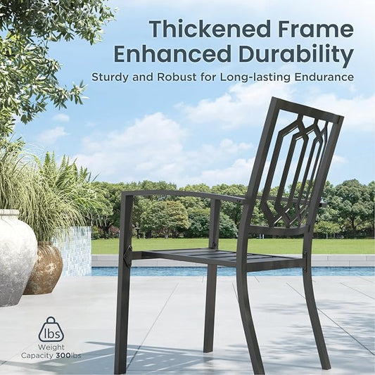 PHI VILLA 5 Piece Metal Outdoor Table and Chairs, 34.2" Metal Square Table with Umbrella Hole & Stackable Wrought Iron Chairs, All Weather Large Furniture Set for Patio, Deck, Backyard, Porch - Black