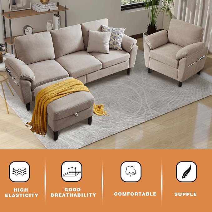 3 Piece Convertible Sectional Sofa Set, Modern Linen Small L Shaped Couch with Reversible Ottoman and Accent Chair, 3-Seat Sofa Couches for Living Room, Office, Apartment, Beige