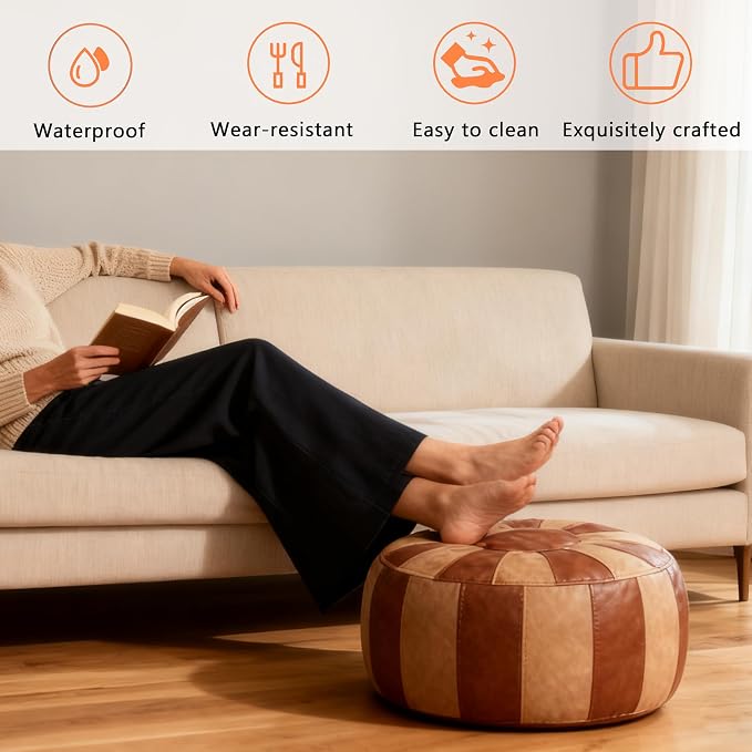 Thgonwid Unstuffed Moroccan Storage Pouf Foot Stool Ottoman Seat Handmade Faux Leather Bean Bag Floor Chair Foot Rest for Living Room, Bedroom or Balcony (Brown & Khaki)