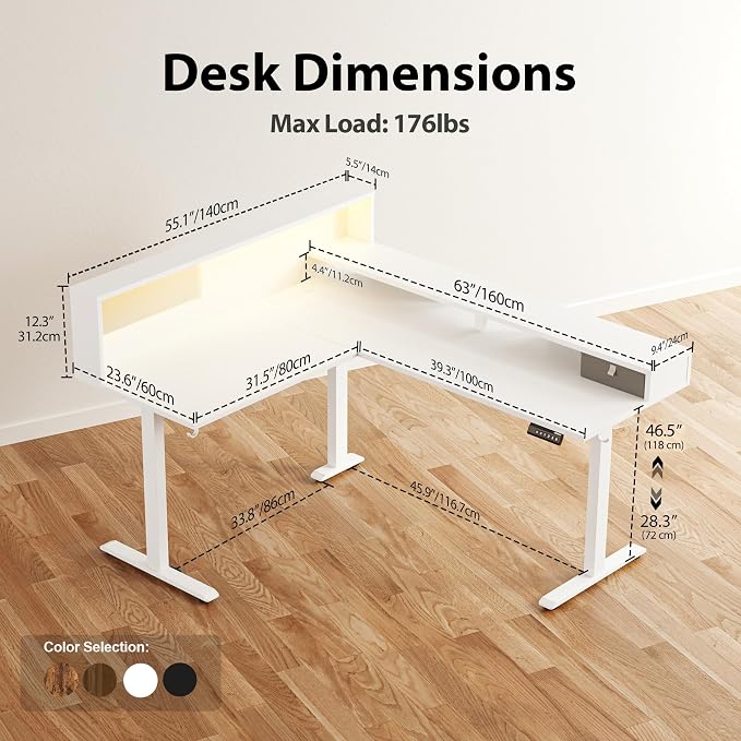 Agilestic L-Shaped Electric Standing Desk, 63x55 Inch Ergonomic Adjustable Height Desk with Storage, Stand Up Corner Desk Sit Stand Computer Table Power Outlet & LED Lights, Office Table, White