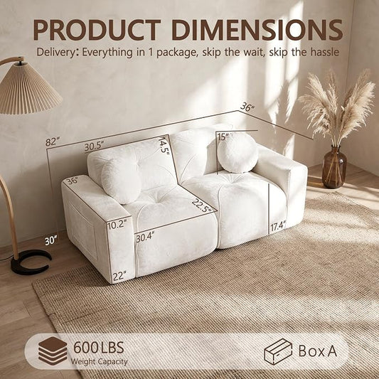 82" Modular Sectional Cloud Couch, Loveseat Sofa Boneless Couches, 2 Deep Seat Modern Comfy Velvet Sofa for Living Room, Bedroom, Apartment (Beige)