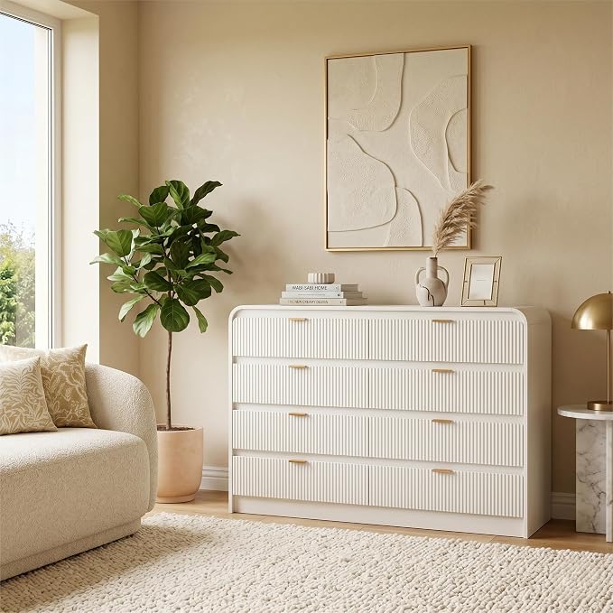 FURSUN Fluted 8 Drawers Dresser for Bedroom, 55" Wide Wooden Dresser with Metal Handle, Curved Profile Design, Modern Storage Organizer for Bedroom, Living Room, Hallway, White