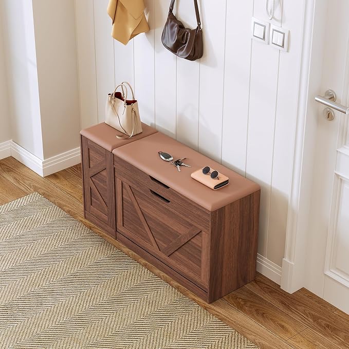 34" Storage Bench with Flip Drawers and Barn Doors, Adjustable Shelf, Flip-up Cabinet & Padded Cushion - Space-Saving Shoe Cabinet, Organizer for Entryway, Hallway, Bedroom