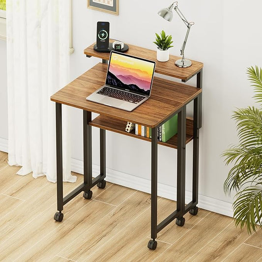 GreenForest Folding Desk with Adjustable Monitor Stand, 24.8 in Small Desk | Storage Shelf, Lockable Wheels, Portable, Space Saving, Mobile Rolling Table for Small Spaces, Home Office, Writing, Walnut
