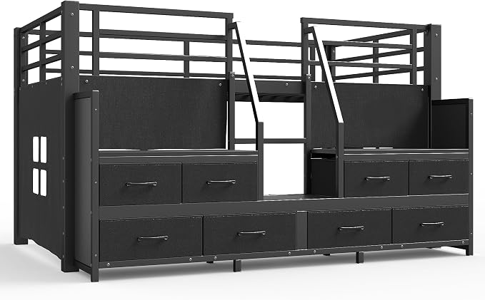 Bellemave Twin Size Low Loft Bed with 8 Fabric Storage Drawers,Metal Loft Bed Frame with Shelves and LED Lights for Boys Girls,Kids Loft Bed Twin Size,Black