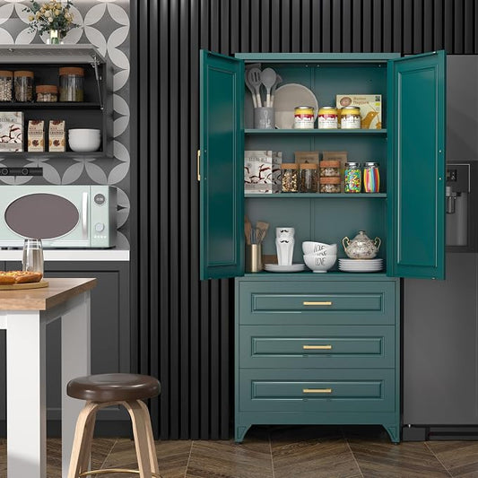 SteeLoong 75" Kitchen Pantry Cabinet with 3 Drawer,Metal Storage Cabinets with Doors and 2 Adjustable Shelves,Green Kitchen Cabinet with 2 Gold Handles,Food Cupboard for Livingroom,Pantry, Bathroom