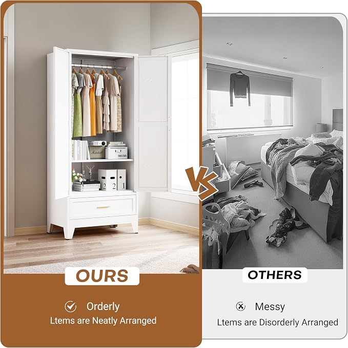 71" H Armoire Wardrobe Closet with 1 Drawer, Metal Wardrobe Closet with Doors and Adjustable Shelves, Wardrobe Cabinet with Hanging Rod, Closets for Bedroom, Laundry Room, White