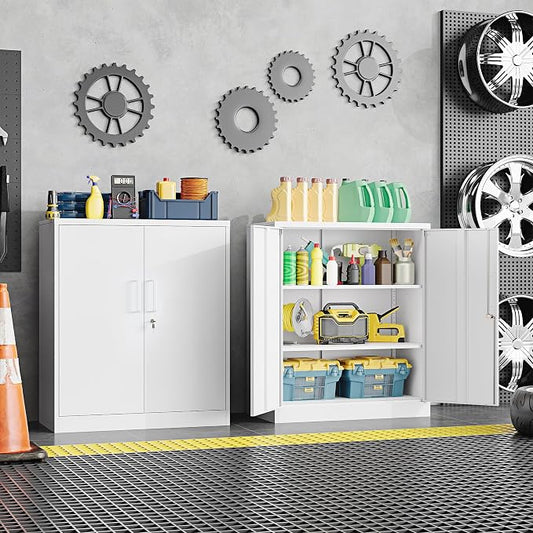 36" H Metal Storage Cabinet, Locked Cabinet with 2 Adjustable Shelves and Doors, Small Metal Tool Cabinet, Garage Storage Cabinet for Home Office, Garage, School, Apartment Warehouse