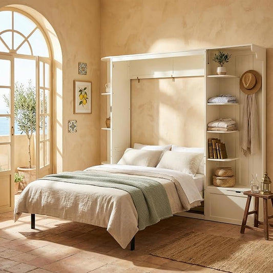 Murphy Bed Queen Size,Murphy Bed with Storage & Lights,Wall Bedframe w/Hidden Fold-Out Legs & Built-in Shelves & Cabinets,Hook,Space-Saving,White