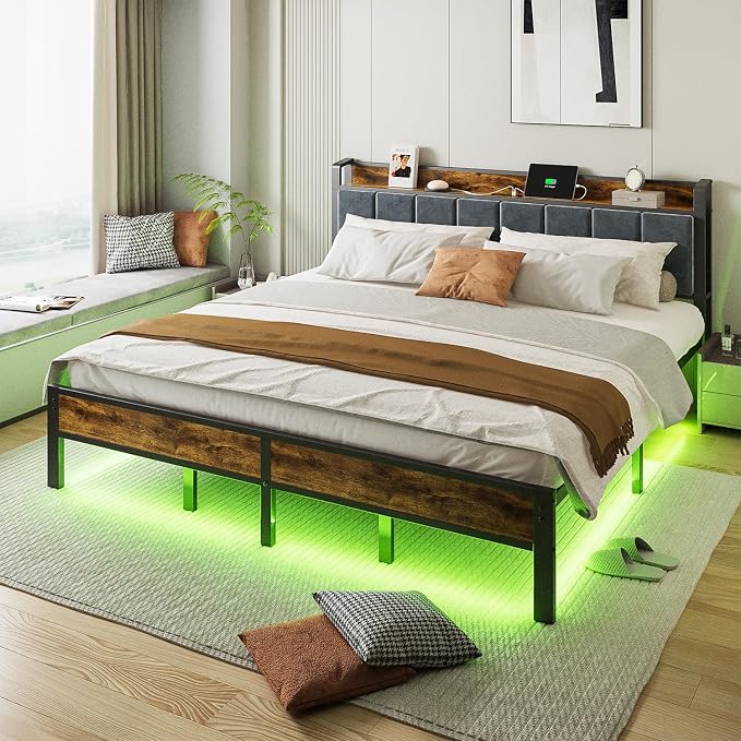 ALBERTO King Size Bed Frame with LED Lights, Upholstered Headboard with Storage and Charging Station, Metal Platform with Slats, No Box Spring Needed, Easy Assembly