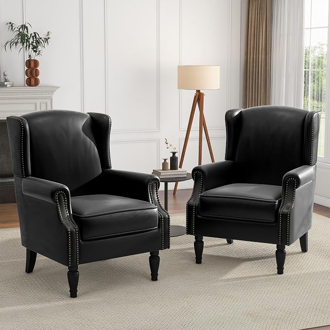 High Back Accent Chair, Faux Leather Wingback Chair Upholstered Armchair for Living Room - Black