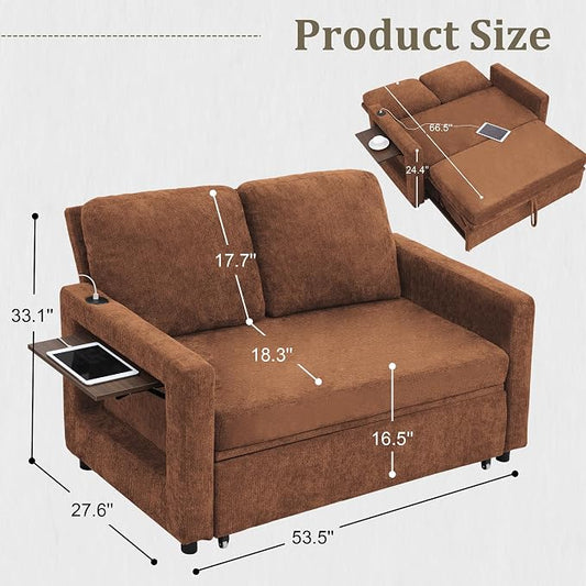 3 in 1 Folding Convertible Sleeper Sofa Bed Pull Out Couch with Side Pockets USB Port Side Table Loveseat Sofa Bed with Adjustable Backrest for Living Room Bedroom 66" Orange 2 SEAT