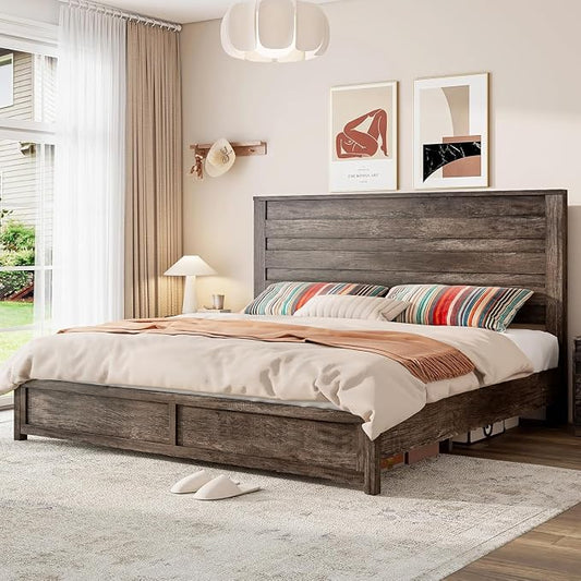 LUXOAK 2 Pcs Bedroom Furniture Sets - Includes 1 X Farmhouse 6 Drawers Dresser, 1X Farmhouse King Size Bed Frame with 49" Tall Headboard, Wooden Platform Bed with Hidden Metal Bed Frame, Rustic Grey