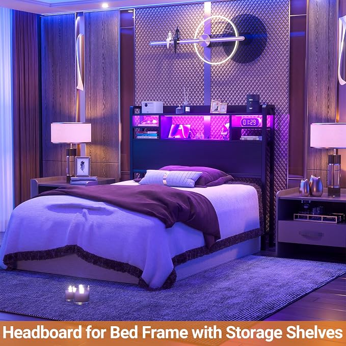 Aheaplus Headboard for Twin Size Bed with Storage, Headboards with LED Light, Power Outlets, USB Ports Twin Size Head Board, Wood headboard Only Sturdy and Stable Headboards, Modern, Black