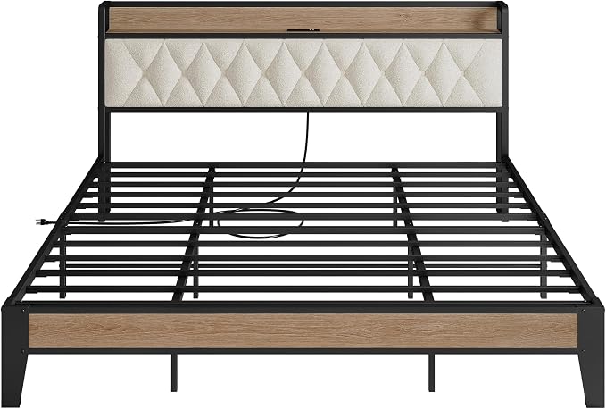 King Size Bed Frame with Headboard & Charging Station, Wood and Cream