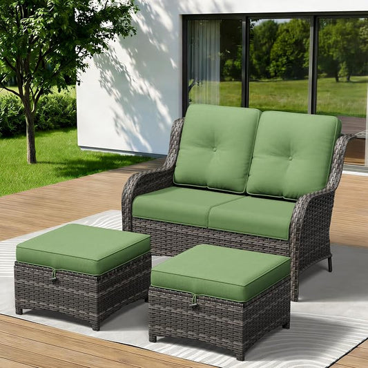 3-Piece Outdoor Couch Set, 1 Wicker Patio Loveseat with Thickened Olefin Cushions, High Back and Deep Seating, Hand-Woven PE Rattan and 2 Ottomans, Patio Conversation Set for Porch, Deck
