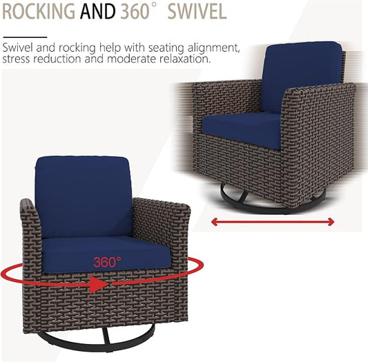5 Pieces Patio Furniture Set, PE Wicker 75" Couch with 2 High Back Swivel Chairs & 2 Ottomans, All-Weather Rattan Furniture with Waterproof Cushions for Deck, Garden, Porch