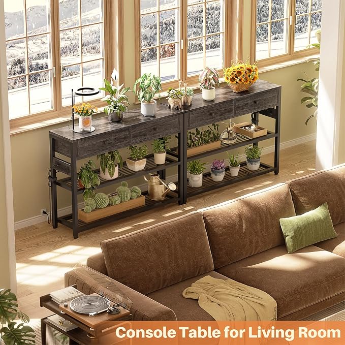 Ecoprsio Entryway Table with Outlets and USB Ports, Small Console Table with 2 Drawers, Sofa Table with Storage Shelves for Living Room, Couch, Hallway, Foyer, Kitchen Counter, 32'', Grey Oak