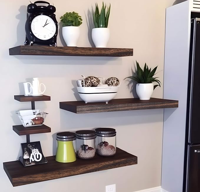 YYWUOJJ Wood Floating Shelves for Wall Decor, Rustic Wall Shelves for Bedroom Bathroom Kitchen Living Room, Set of 6 Walnut