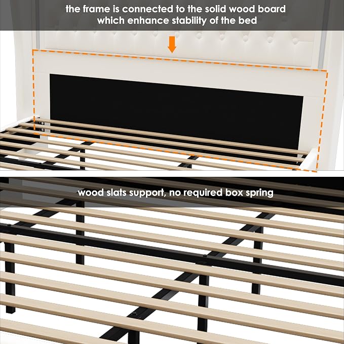 King Bed Frame 55" Tall Headboard with LED Lights, Buttons Tufted Velvet Upholstered Platform Bed Frame with 2 Storage Drawers, Wood Slats Support Mattress Foundation, No Box Spring Needed, Beige