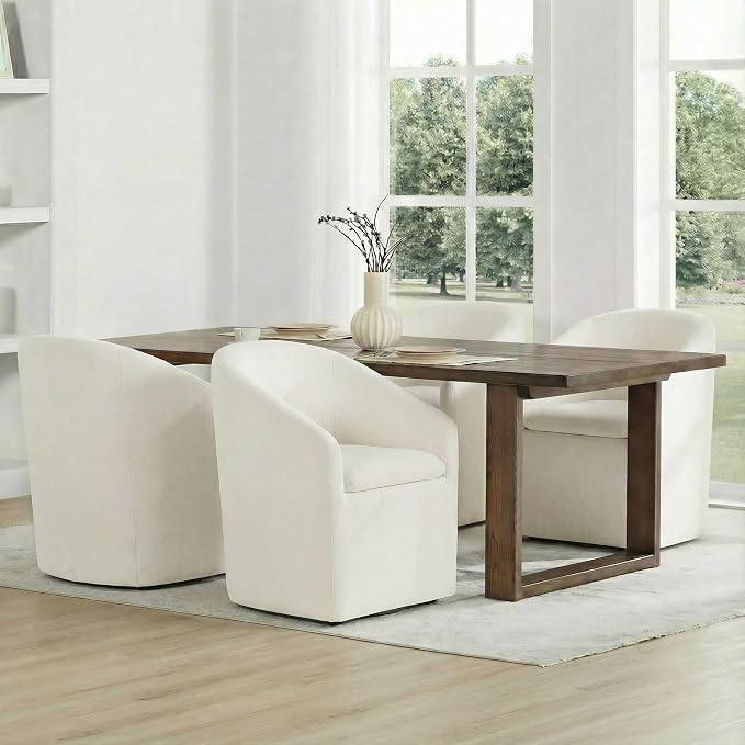 KISLOT Upholstered Dining Chairs Set of 1 with Casters, Modern Side Barrel Armchair with Washable Slipcover & Sturdy Metal Frame for Diningroom Bedroom Livingroom Reading Room, Beige Fabric