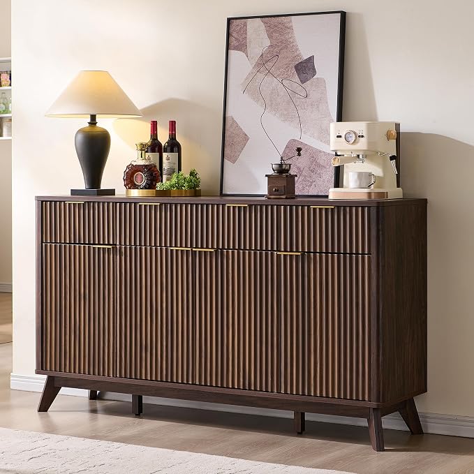 T4TREAM 60 Inch Fluted Buffet Sideboard Cabinet, Dark Walnut | Modern Coffee Bar Storage Cabinet With 3 Drawers & 4 Doors, for Dining Room, Living Room, Hallway, Adjustable shelves