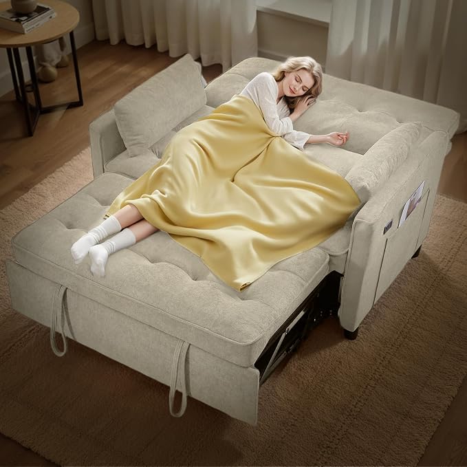 3 in 1 Convertible Sofa Bed, Pull Out Couch with Side Pocket, Sleeper Sofa with Adjustable Backrest | USB Charging Port | Two Pillows | Fabric | Ivory