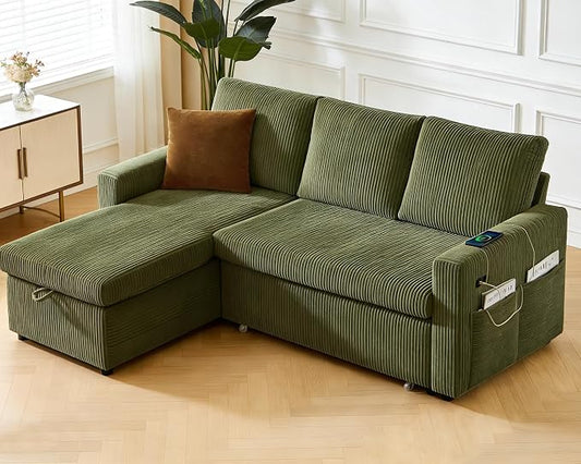 WEUP 82" L Shaped Sectional Sleeper Sofa Bed with Pull Out Bed, Sectional Sleeper Couch Pull Out Couch with Reclining Backrest/Reversible Storage Chaise/USB Ports/Tool-Free Assembly, Corduroy Green