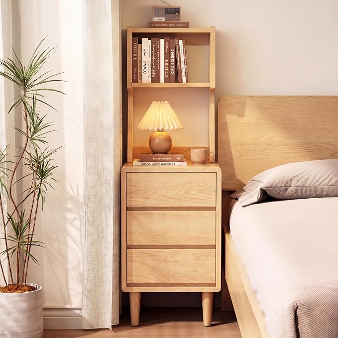 Solid Wood Bookshelf with Drawers,Narrow bookcase with Storage Shelves,Tall Nightstand with Drawers,Mid Century Modern Nightstand,Open Shelf Bookcase,Small Book Shelf for Bedroom,Living Room,Offices