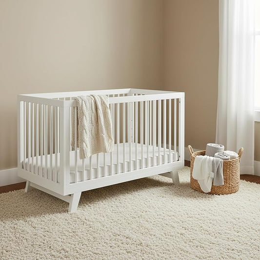 3-in-1 Astin Convertible Baby Crib - Including Toddler Guard Rail, Grows with Your Baby, Converts to Toddler Bed & Day Bed, 4 Adjustable Support Base Height | White with Guard Rail