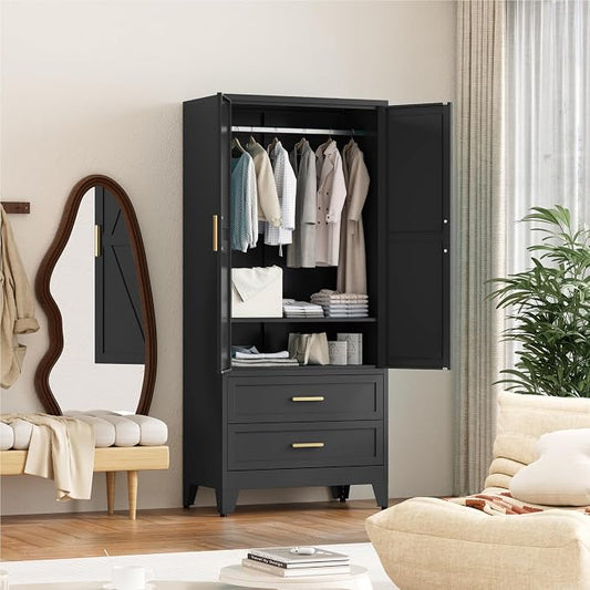 Washsemba 71'' Farmhouse Metal Wardrobe Cabinet with Hanging Rod, 2 Barn Door Wardrobe Closet with Adjustable Shelves,2 Drawer,for Dining Room,Bedroom,Living Room, Cloak Room,Office (Black)