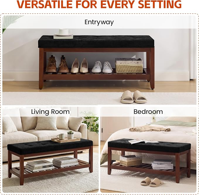 HUBSON 44" Entryway Shoe Bench, Upholstered End of Bed Bench with Solid Wood Shelf, Button Tufted Shoe Bench for Bedroom, Hallway, Living Room, Dark Grey