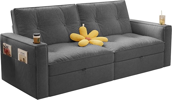 73.2'' Futon Sofa Bed Full Size, Pre-Assembled Pull Out Couch, Adjustable Backrest, Corduroy Convertible Sleeper Sofa, 2 Cup Holders, USB, Pockets, Loveseat for Living Room, Apartment, Grey | Soft Material