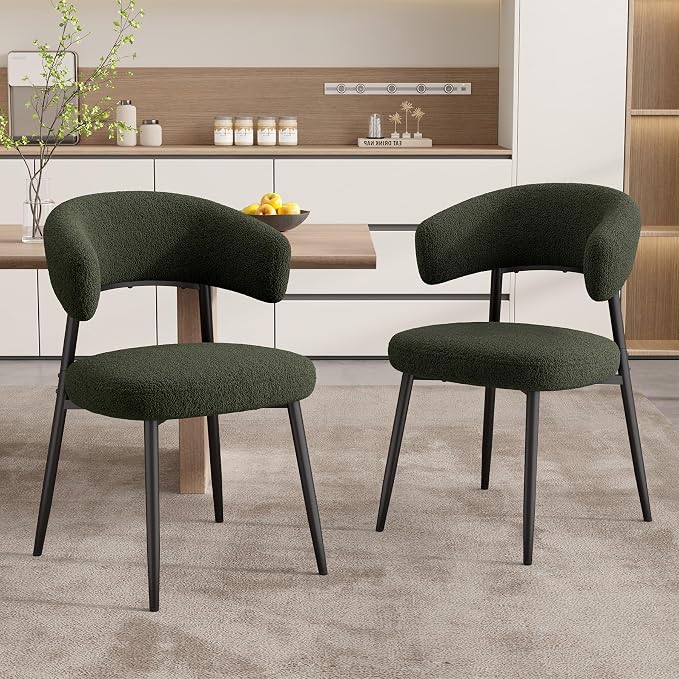 Dining Chairs Set of 4, Mid Century Modern Kitchen Chairs, Boucle Upholstered Dining Chair with Curved Backrest & Metal Legs for Kitchen Dining Room, Green
