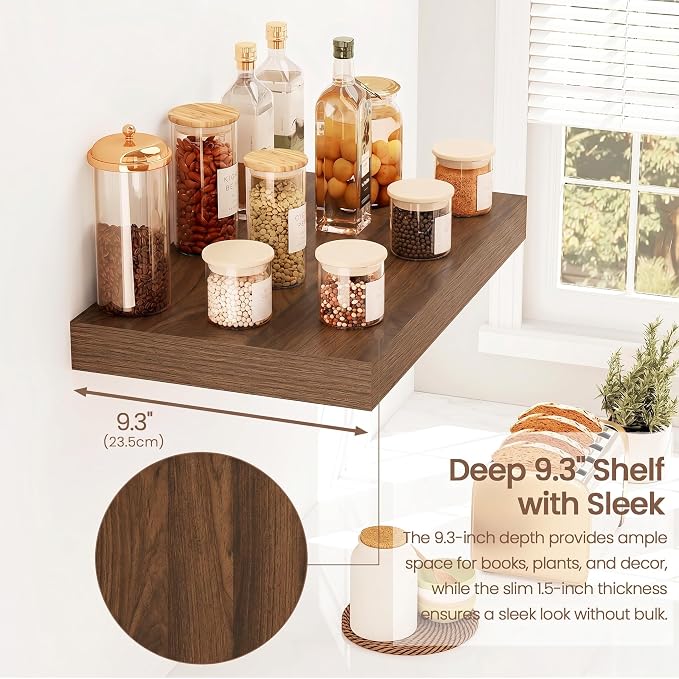 Vivelove Walnut Floating Shelves, 16 Inch Wall Display Shelves for Bathroom Living Room Kitchen Bedroom Office Farmhouse Home Decor, 16" X 9.3" X 1.5" - Set of 2, Walnut
