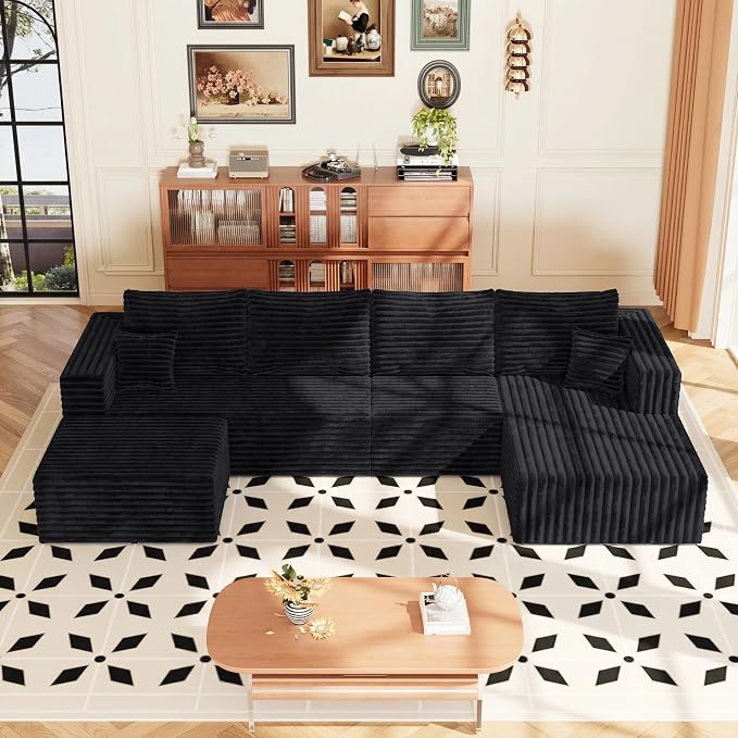 Modular Sectional Sofa, Boneless Compressed Sofa in a Box, U-Shaped Cloud Couch with Deep Seats & Chaise for Living Room, No Assembly Required (Black, 118" U-Shape with Right Facing Chiase)