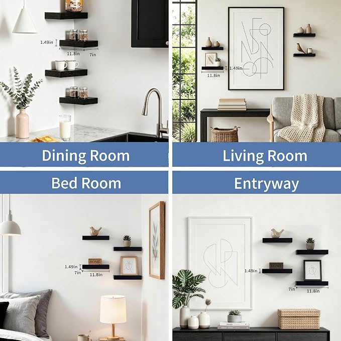 Black Floating Shelves for Wall, Set of 4 Wooden Wall Mounted Shelves for Bathroom Over Toilet, Bedroom, Kitchen, Living Room & Office, Hanging Storage and Wall Decor, 12"x7"x1.5"