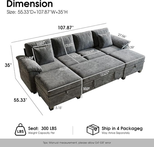 Sectional Sleeper Sofa Bed, 107.8" U Shaped 6 Seat Pull Out Couch with Storage Ottoman, Convertible Cloud Couch Bed, Modular Sectional Couches for Living Room, Apartment (Gray)