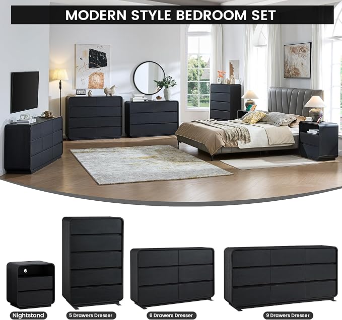 Standifurno Dresser for Bedroom, Modern Cuved Dresser with 9 Drawers,Black Dresser with Handleless Design, Closet Storage Dresser, 15.43" D x 57" W x 28.3" H (9 Drawers)