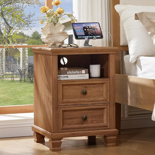 SAVOR LIFE Farmhouse Night Stand Set of 2 with Charging Station, Antique Bedside Table with Open Shelf & Thick Tabletop & Square Wooden Legs, Brown